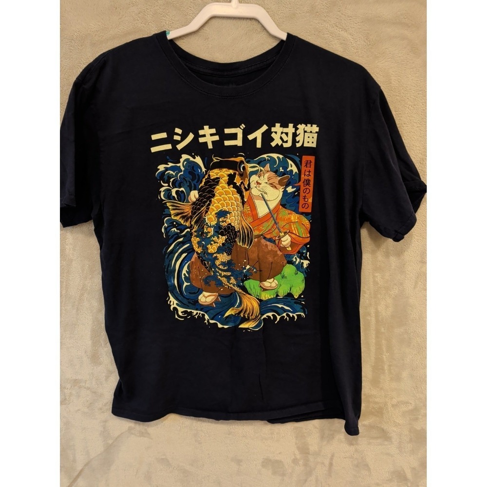 Uniqlo UT Samurai Cat Koi‎ Fish Tee Navy Japanese Art Shirt Size XS